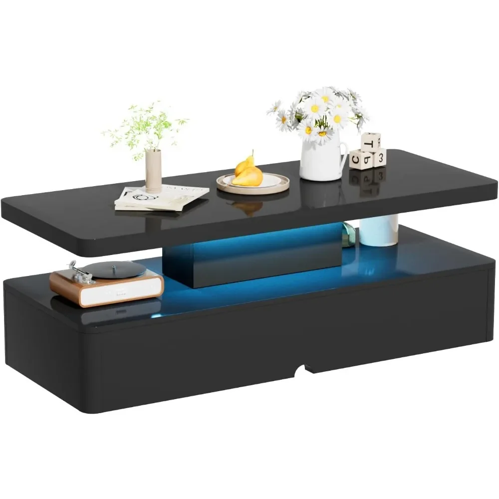 Modern Stylish Coffee Table with 16 Colors LED Lights, Double-Layer Design, Coffee Table for Living Room