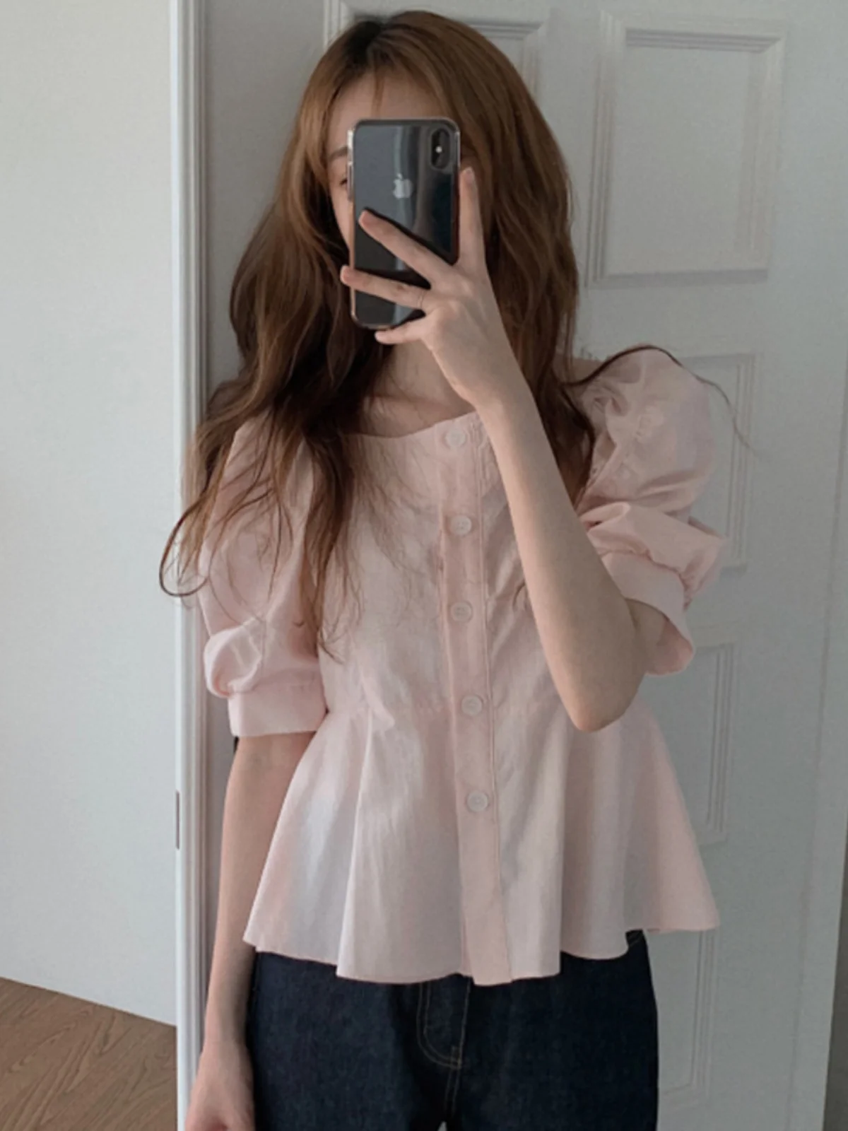 Korean Series Shirts Women French sle Square Collar Puff sleeve Frill Waist Hugging Sweet Shirt Pink Temperament Summer Top...