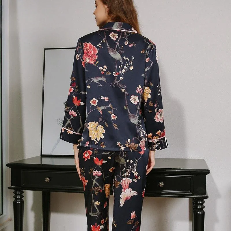 Ensemble pyjama en satin mûrier imprimé floral, vêtements de nuit, vêtements de nuit trempés, bouton vers le bas, manches longues, pantalon en Y, inj2 pièces, 100%