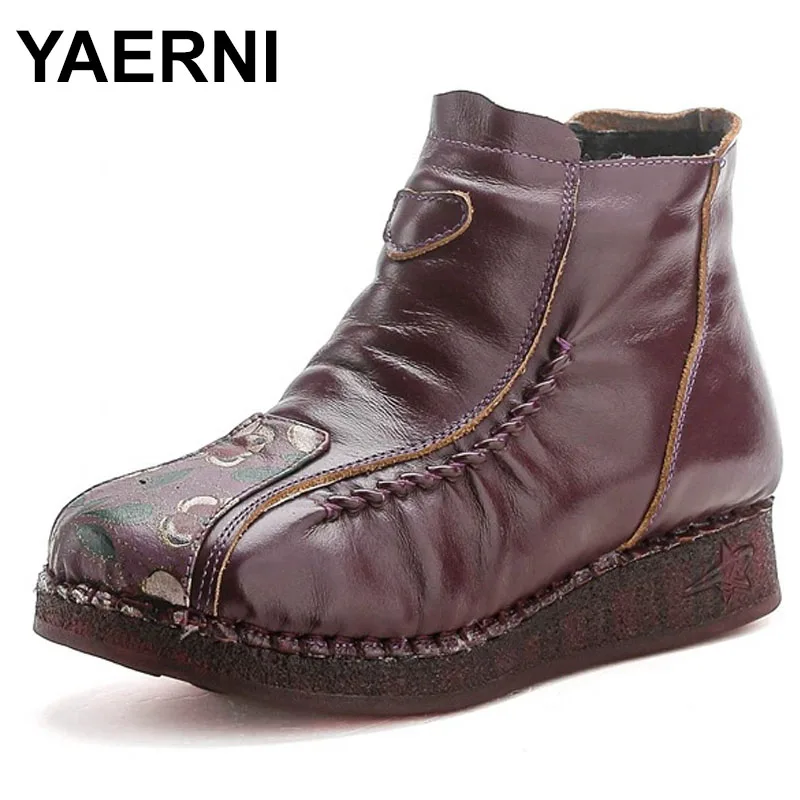 

Winter Fleece Warm Cotton Shoe Cowhide Comfortable Breathable Ankle Boots Flowers Retro Genuine Leather Women Short Boots Zipper