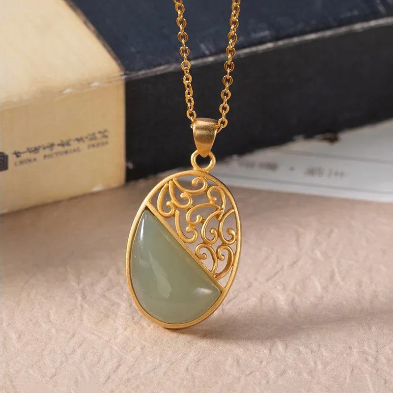 Newsilver inlaid natural Hetian Sapphire Pendant Necklace Chinese national retro palace style hollowed out charm women's jewelry