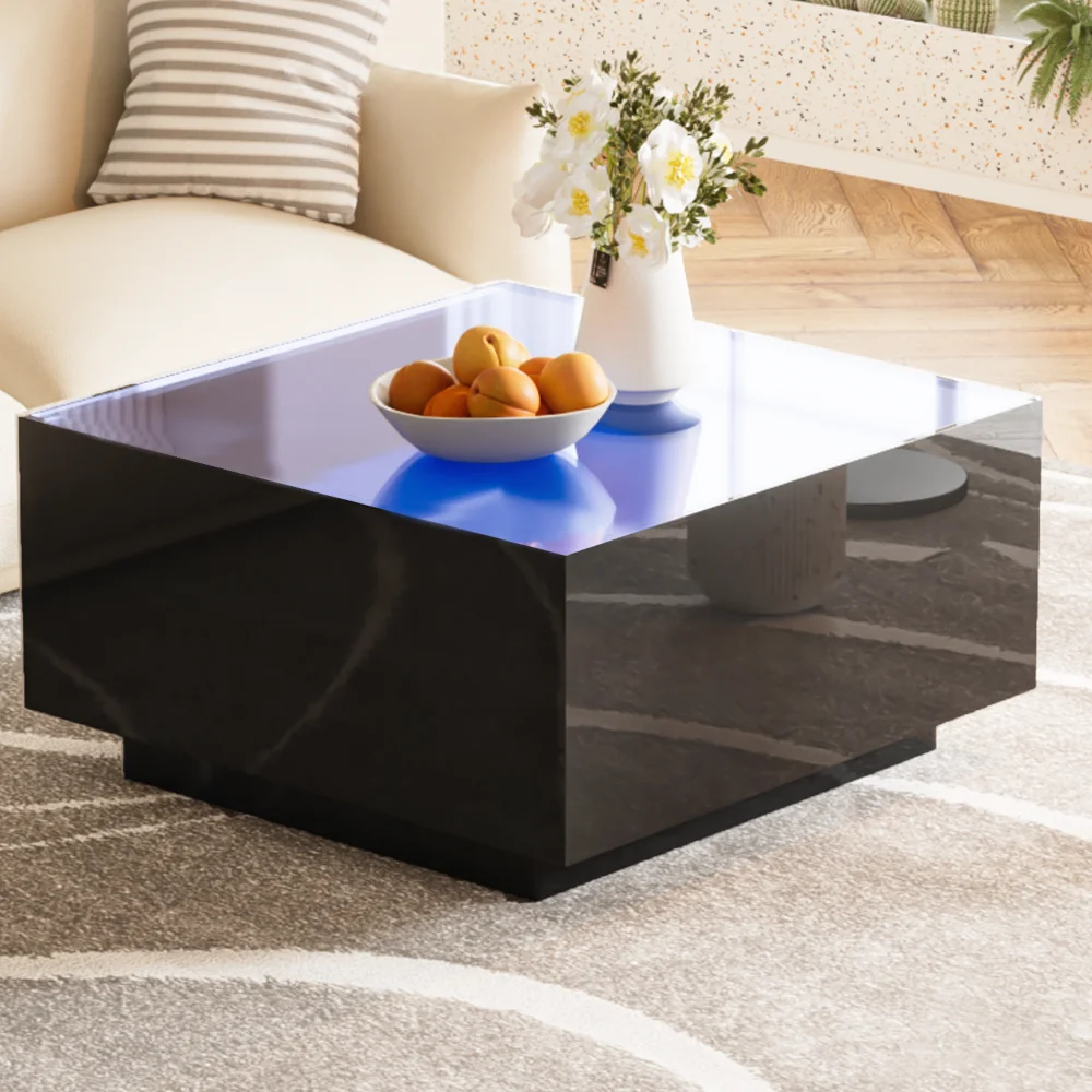 

ON-TREND Square Glossy Coffee Table with 16-color LED,5mm Frosted Glass Top,Black 27.5*27.5in for Living Room