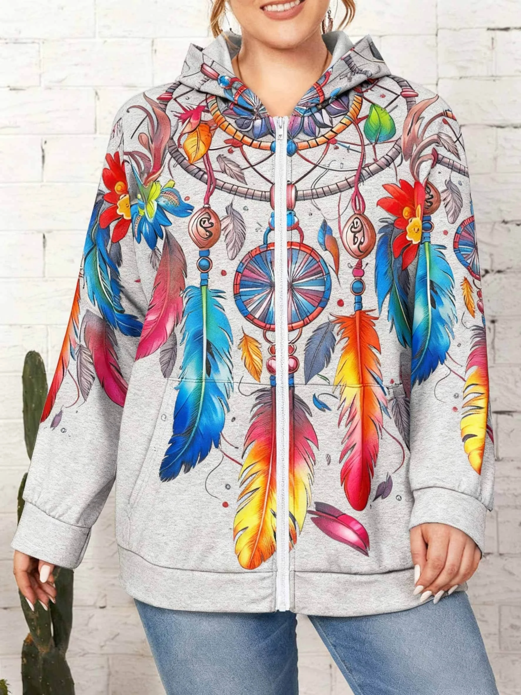 Plus Size Women Zip Up Hoodie Casual Long Sleeve Hooded Sweatshirt Fall Loose Outerwear with Pockets Lightweight Hooded Jacket