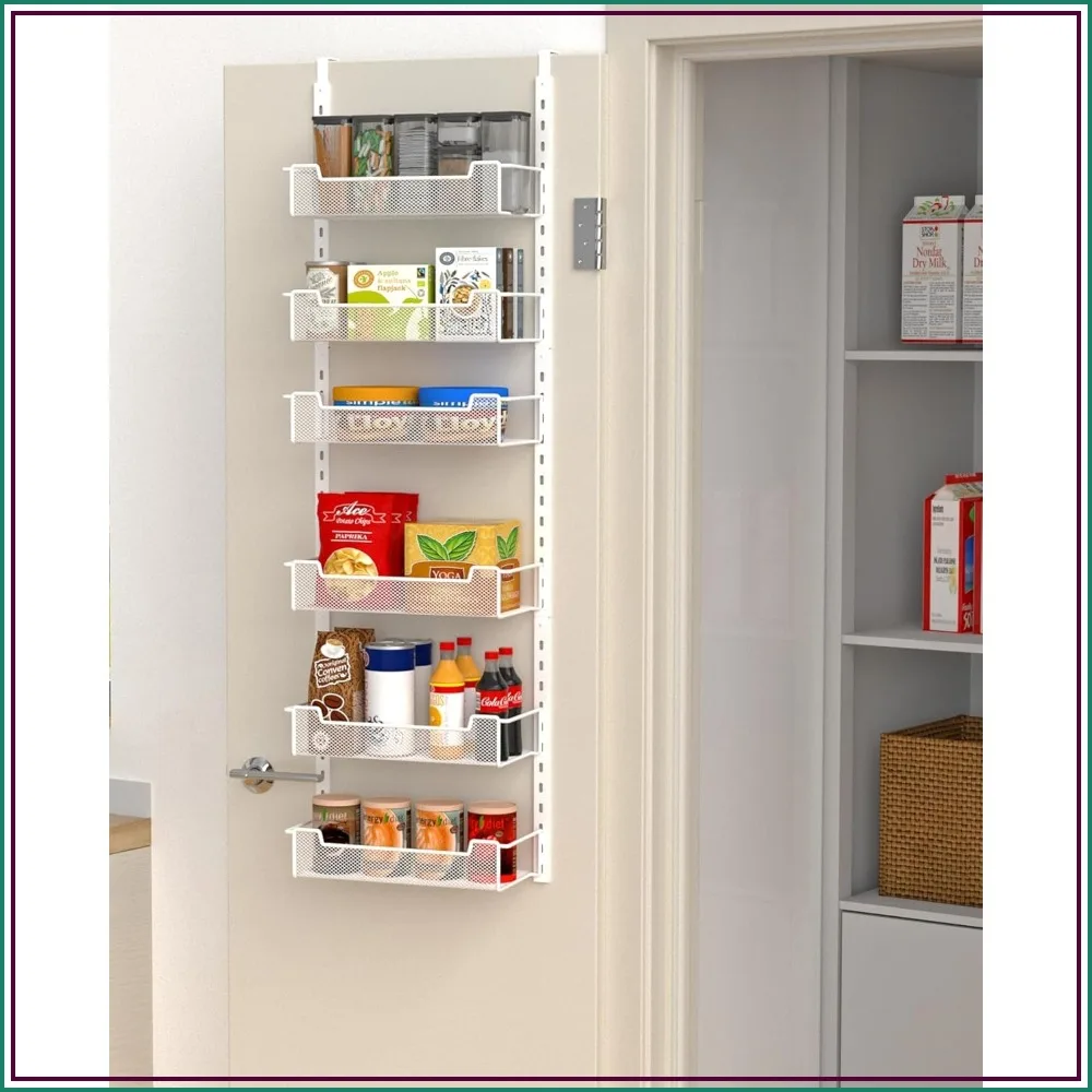 

12.3" W Narrow Over the Door Pantry Organizer, 6-Tier with Adjustable Baskets, Space-Saving Storage for Kitchen Pantry, White