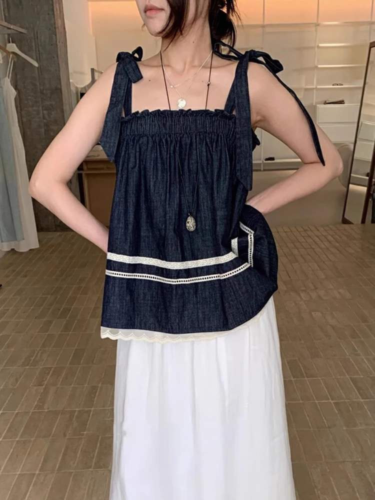 

Liangliang Retro Patchwork Lace Trim Strap Vest Women's Summer New Color Colion Tie Knot Top Korean Sle Loose Fit