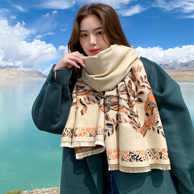 Women Winter Cashmere Scarf Pashmina Shawls Wraps 2023 Design Print Female Thick Warm Scarves Echarpe Thick Blanket Stoles