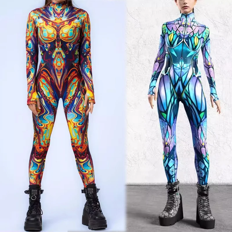 

Cool Women Armour Art Stripe Jumpsuit Holiday Party Stage Cosplay Costume Halloween Shows Punk Performance Bodysuit
