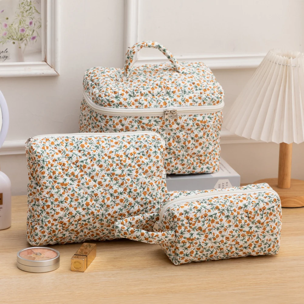 3Pcs Quilted Cotton Ladies Travel Storage Bag Retro Floral Cosmetic Bags Cute Design Girls Pencil Case Makeup Pouch Toiletry Bag