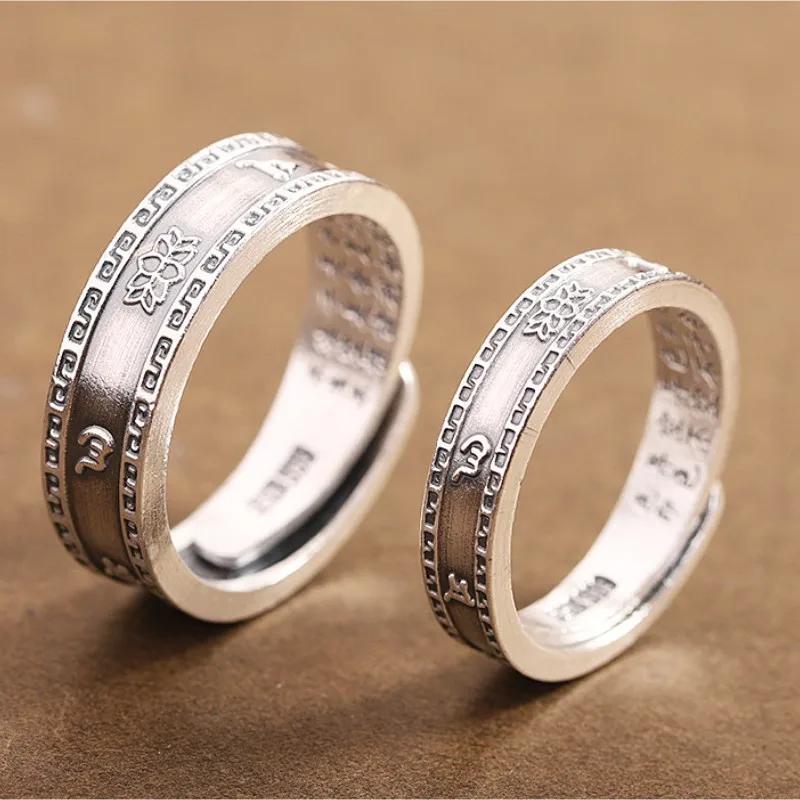 

S999 Sterling Silver Rings for Women New Women's Fashion Six Syllable Mantra Heart Sutra Pure Argentum Amulet Jewelry