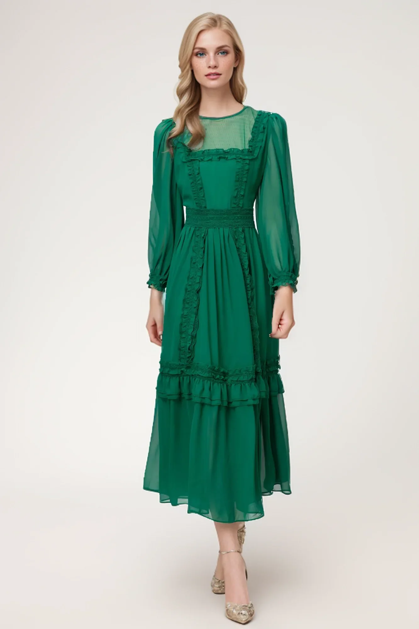 

SEQINYY Elegant Green Dress Midi Summer Spring New Fashion Design Women Runway Ruffles High Street Lace Spliced Casual Holiday