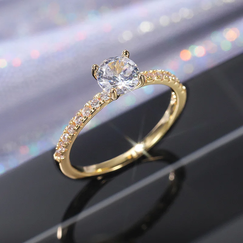 Rose Gold Round Main Stone Ring Light Luxury Sparkling Marriage Proposal Ring Everyday Versatile Exquisite Jewelry