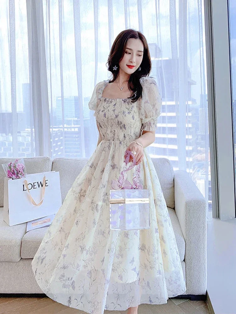 Zoki Elegant Floral Chiffon Party Dress Women Fashion Puff Sleeve A Line Midi Dress Sweet Square Collar Korean Female Vestidos