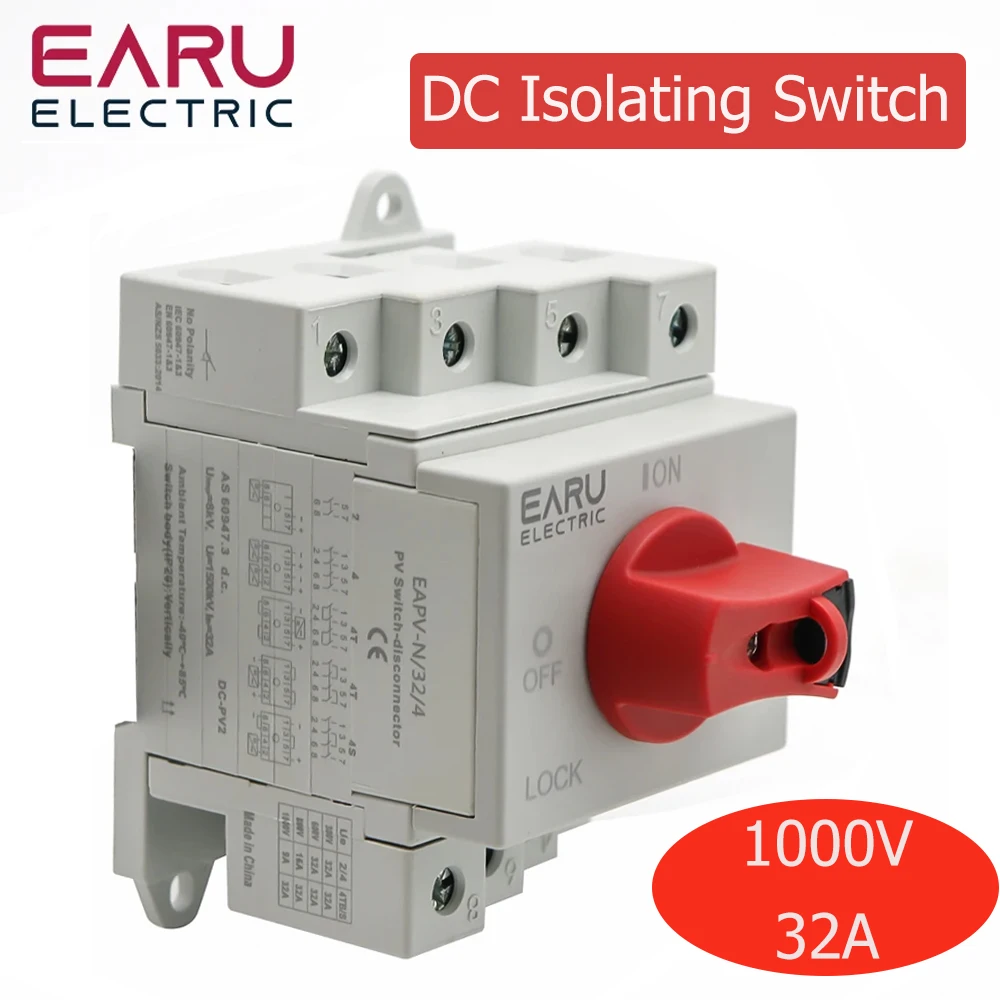 Din Rail Solar PV DC 4P 32A 1000V Rotating Handle Isolator Rotary Switch Disconnector For Solar distribution box