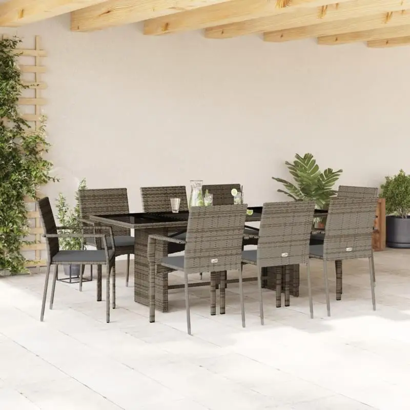 Ensemble repas de jardin 9 places en rotin synthétique tressé, 110 kg par siège, table avec plateau en verre trempé, structure en acier thermolaqué, coussins confortables, décoration moderne pour