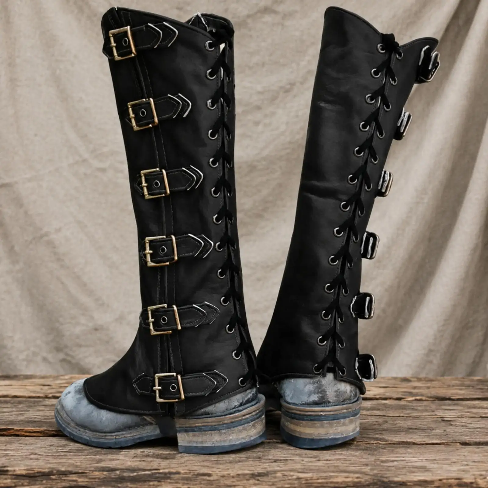 Medieval Boot Covers for Men Women PU Leather Lace Up Barbarian Boot Cover with Buckle Straps Gothic Cosplay Costume Accessory