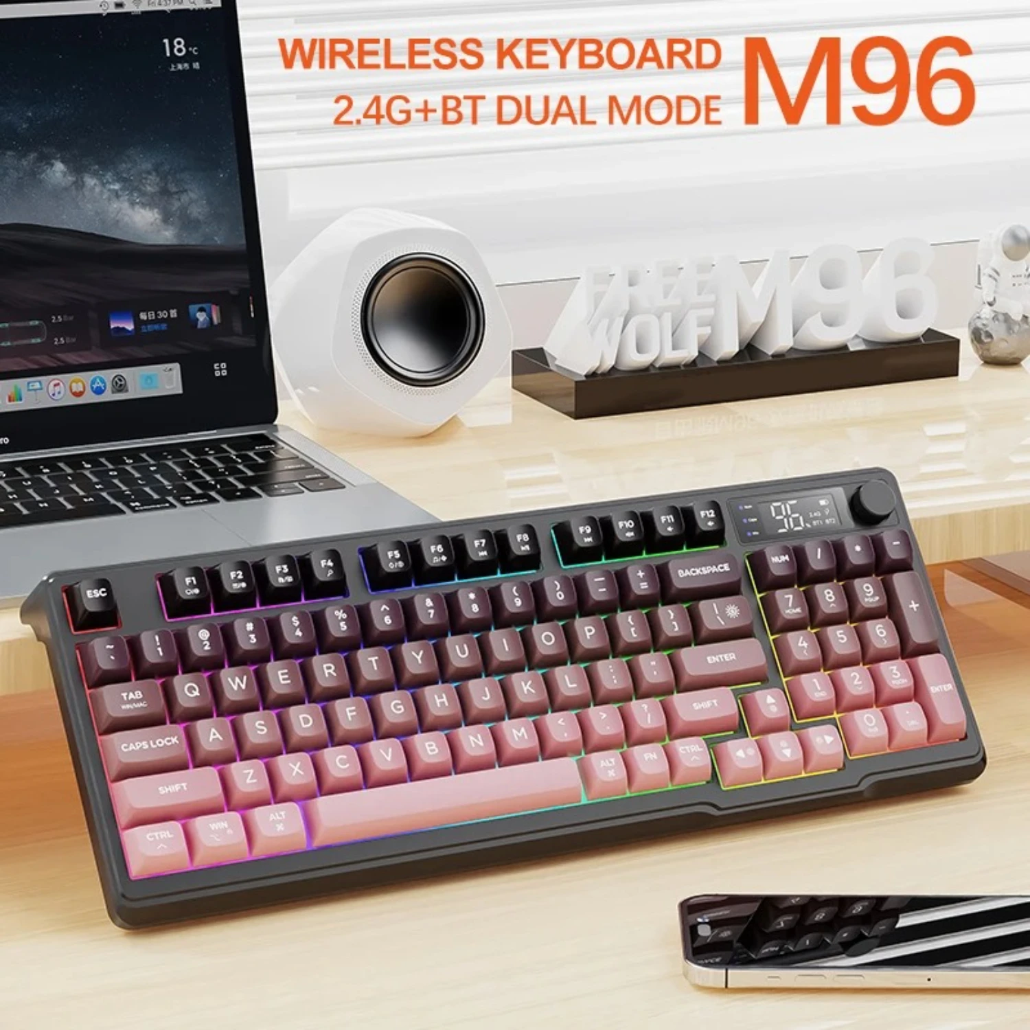 

БЕСПЛАТНАЯ беспроводная игровая клавиатура WOLF M96 Bluetooth с электронным экраном для нескольких устройств, эргономичный дизайн