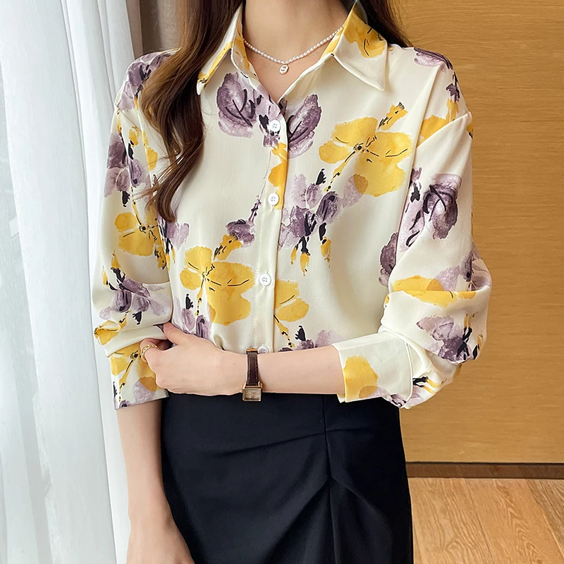 Women Spring Korean Loose Fashion Printing Chiffon Polo-Neck Long Sleeve Shirts Women Clothes Casual Office Lady All-match Tops