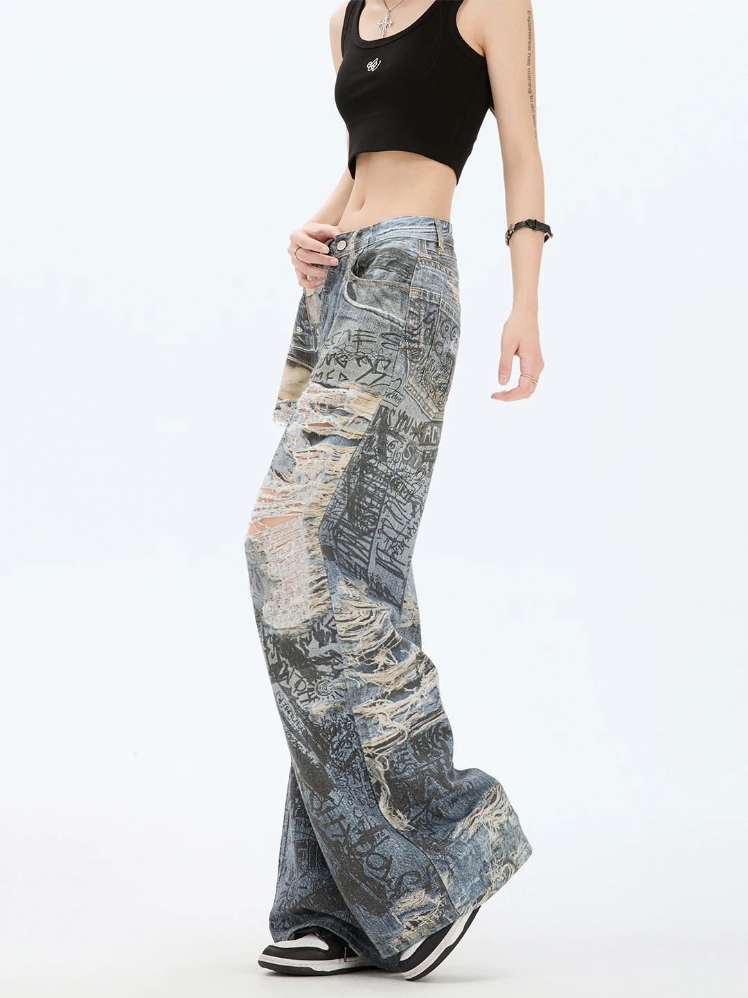 Jeans a gamba larga a vita alta Jeans estivi da donna con vestibilità ampia e slim in denim dritto High Street Sle Casual con motivo a buco strappato