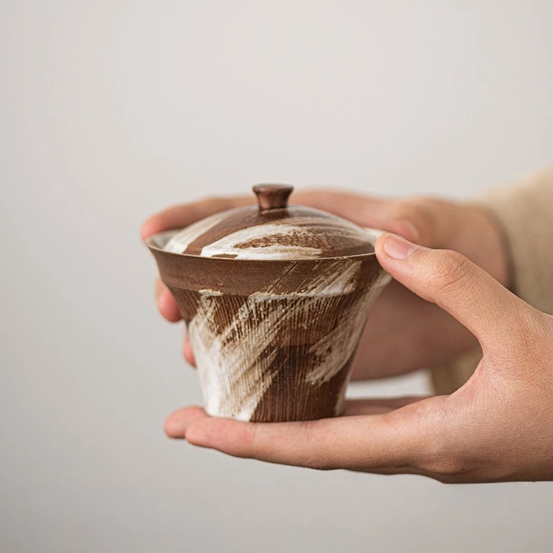 Pink-glazed Gaiwan, two-piece bowl, hand-grip bowl, retro antique Japanese-style single tea set for home kung fu tea brewing