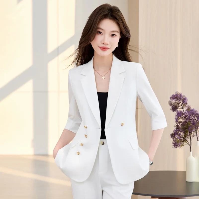 Three-quarter sleeve pink suit for women, spring/summer, high-end, elegant, goddess-style, suitable for workplace and commuting
