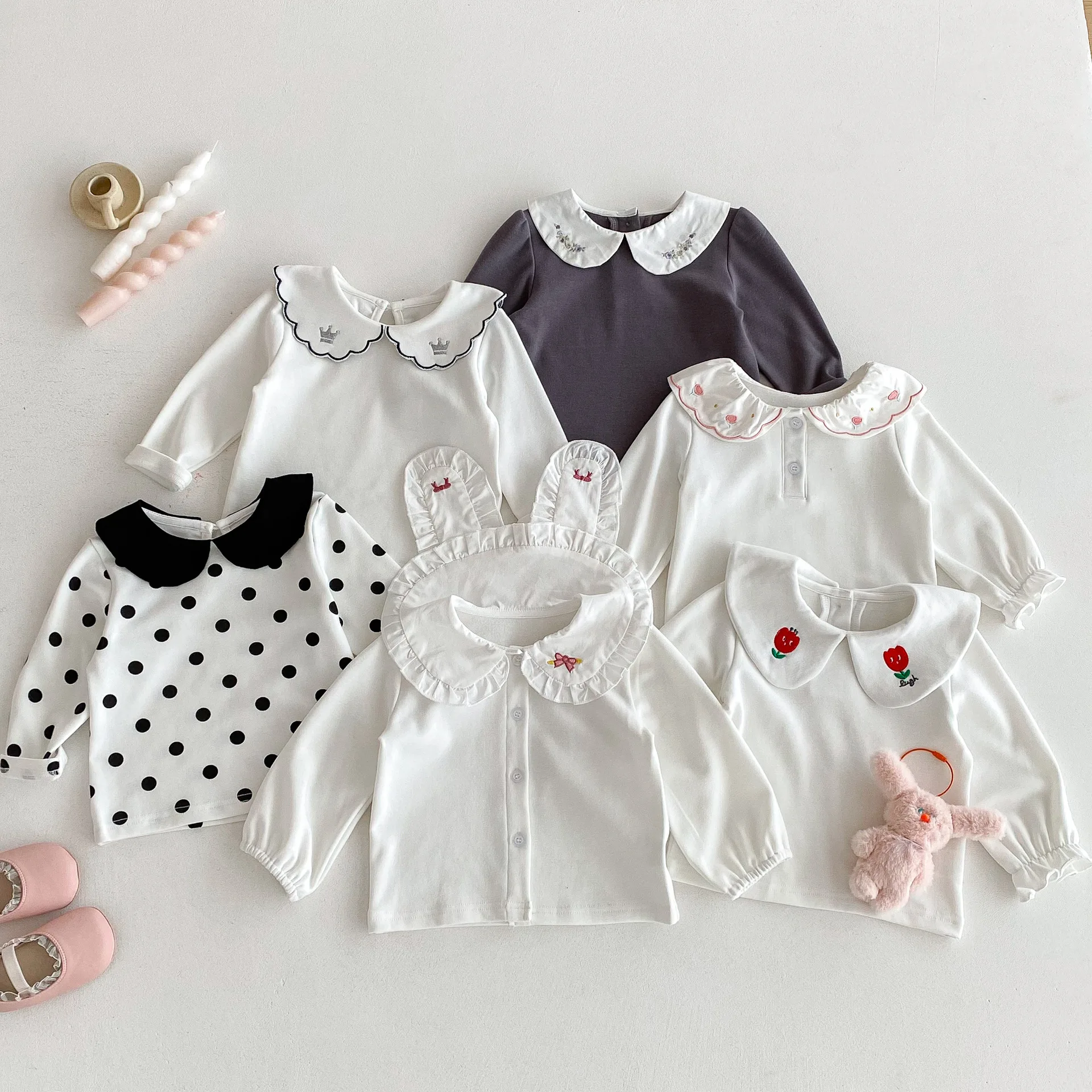 Girls Cute Cartoon Embroidery Peter Pan Collar Tops Solid Infant Clothes 2025 Autumn New Baby Girl Long Sleeve T Shirts Cotton