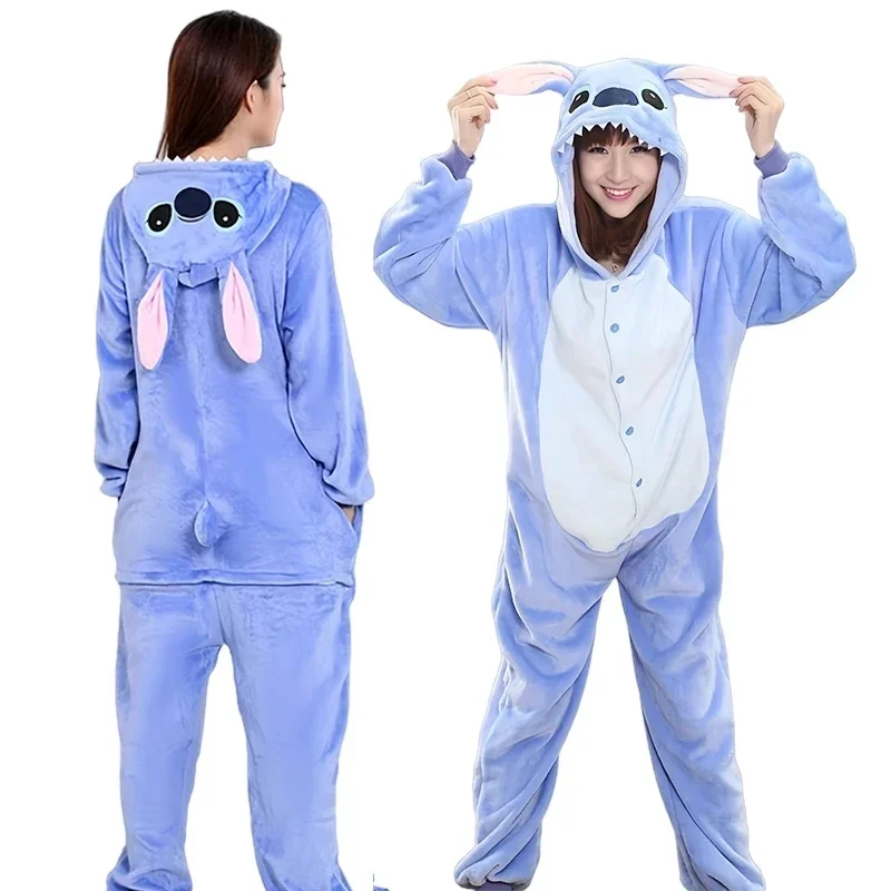 2025 New Adults Cosplay Anime Stitch Angel Cute Jumpsuit Pajamas Hooded Sleepwear Halloween Costume abc