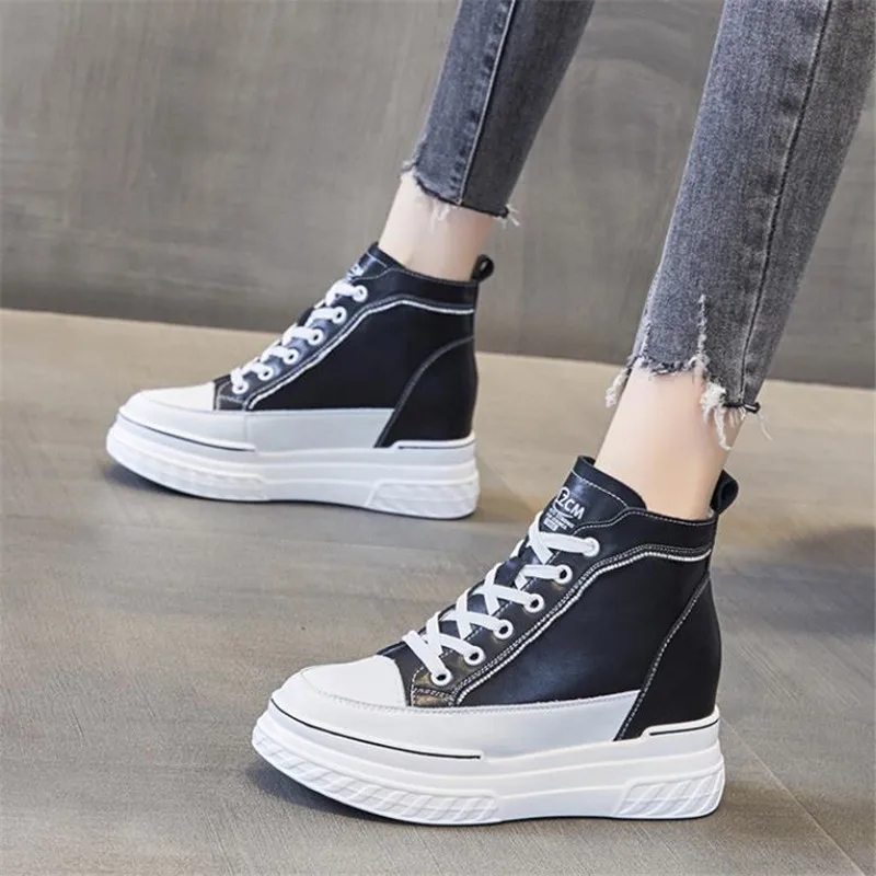 7.5cm Good quality new rhinestone leather inside high top shoes female wedges  recreational walk small white shoes