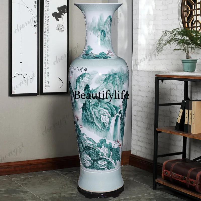 Jingdezhen ceramic hand-painted floor-to-ceiling large vase ink color living room Chinese-style ornament hotel decoration