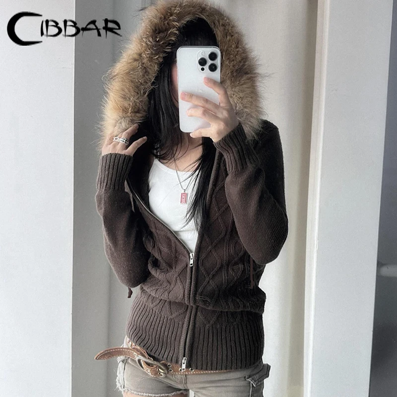 CIBBAR Furry Hooded Knitwear Hoodies y2k Streetwear Full Sleeve Zip-up Women's Sweatshirts Korean Fashion Autumn Outwears Ladies