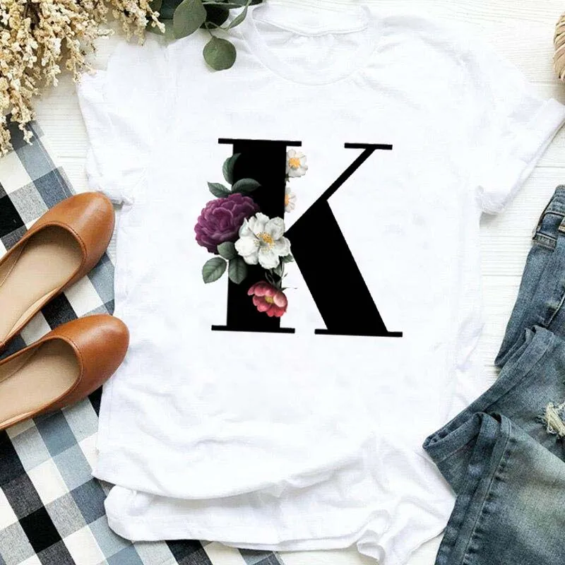 Custom Name Letter Combination Women\'s High Quality Print T-shirt Flower Letter Font A B C D E F G Short Sleeve  Female Tshirt