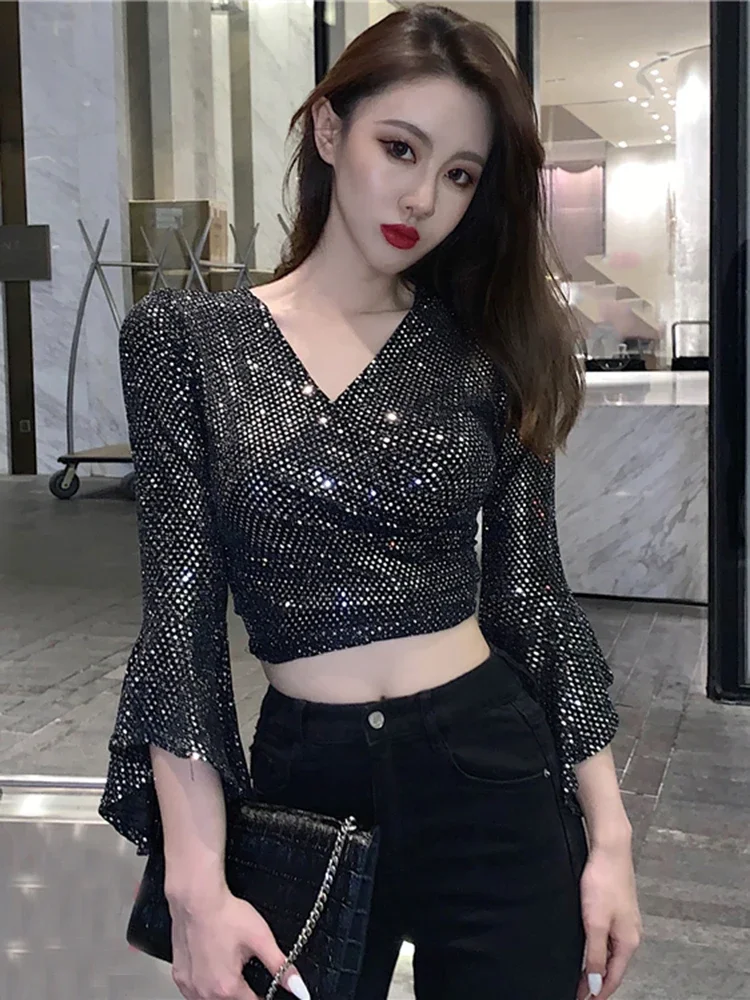 Women Spring Summer Sexy V-neck Cross Cutout Strap Sequins Slim Fit Flared Sleeve Short T-shirt D0311