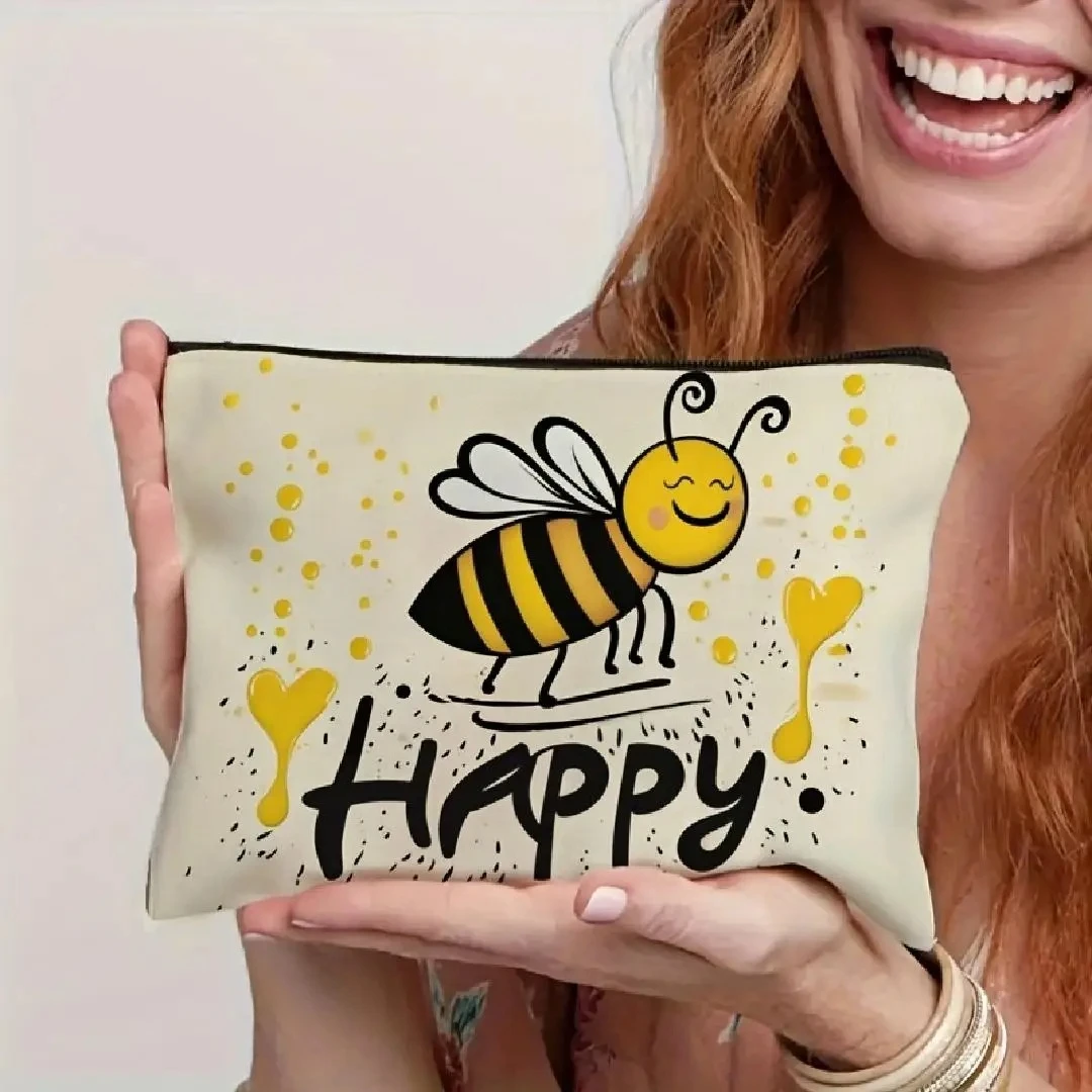 A Cute Bee Printed Cosmetic Bag - Multifunctional Zipper Pouch, Jewelry Storage Bag, Perfect Travel Zipper Small Storage Bag.