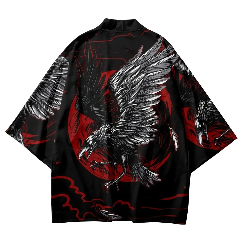 Black Kimono Cardigan Women Men Japanese Obi Male Yukata Men's Haori Fashion Crow Print Coat Traditional Japan Clothing