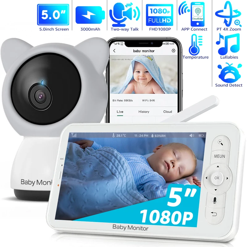 Dual Screen Night Vision HD Baby Monitor Home Secuiry Camera Video Babyphone 5 Inch LCD Two Way Talk PTZ Lullabies For New Born