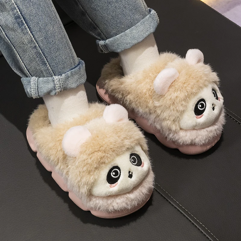 Cute Cartoon Panda Plush Slippers for Women, Fluffy Fuzzy Warm Indoor Slippers with Non-Slip Sole, Cozy Winter House Shoes for B