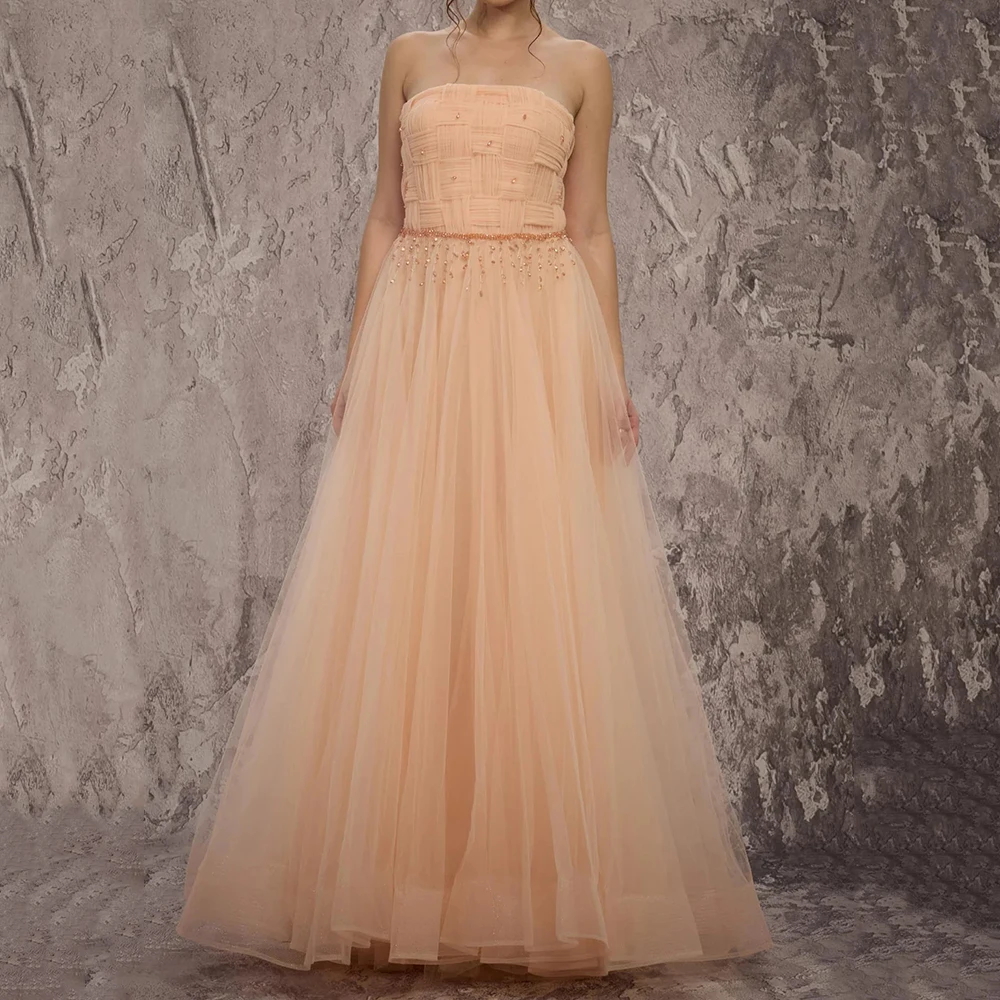 

Women's A-line Evening Dresses Floor-length Strapless Sleeveless Prom Gown Fashion Crystal Pleat Simple Draped Customized Gowns