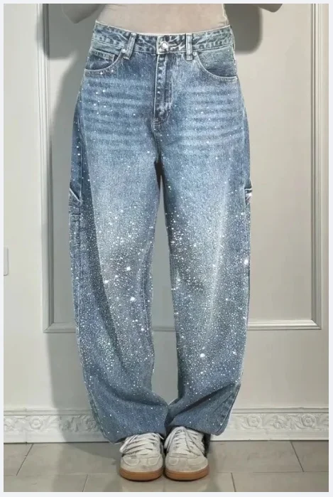 Wide Leg Lady Jeans Diamonds Denim Straigt High Waist Zipper Female Pants 2025 Fashion Pockets Street Lady Trouser