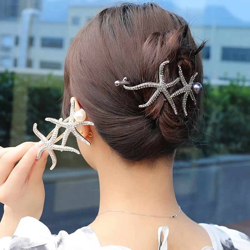 1 piece full diamond starfish light luxury twisted clip back of the head coiled hair hair card advanced feeling frog buckle hair