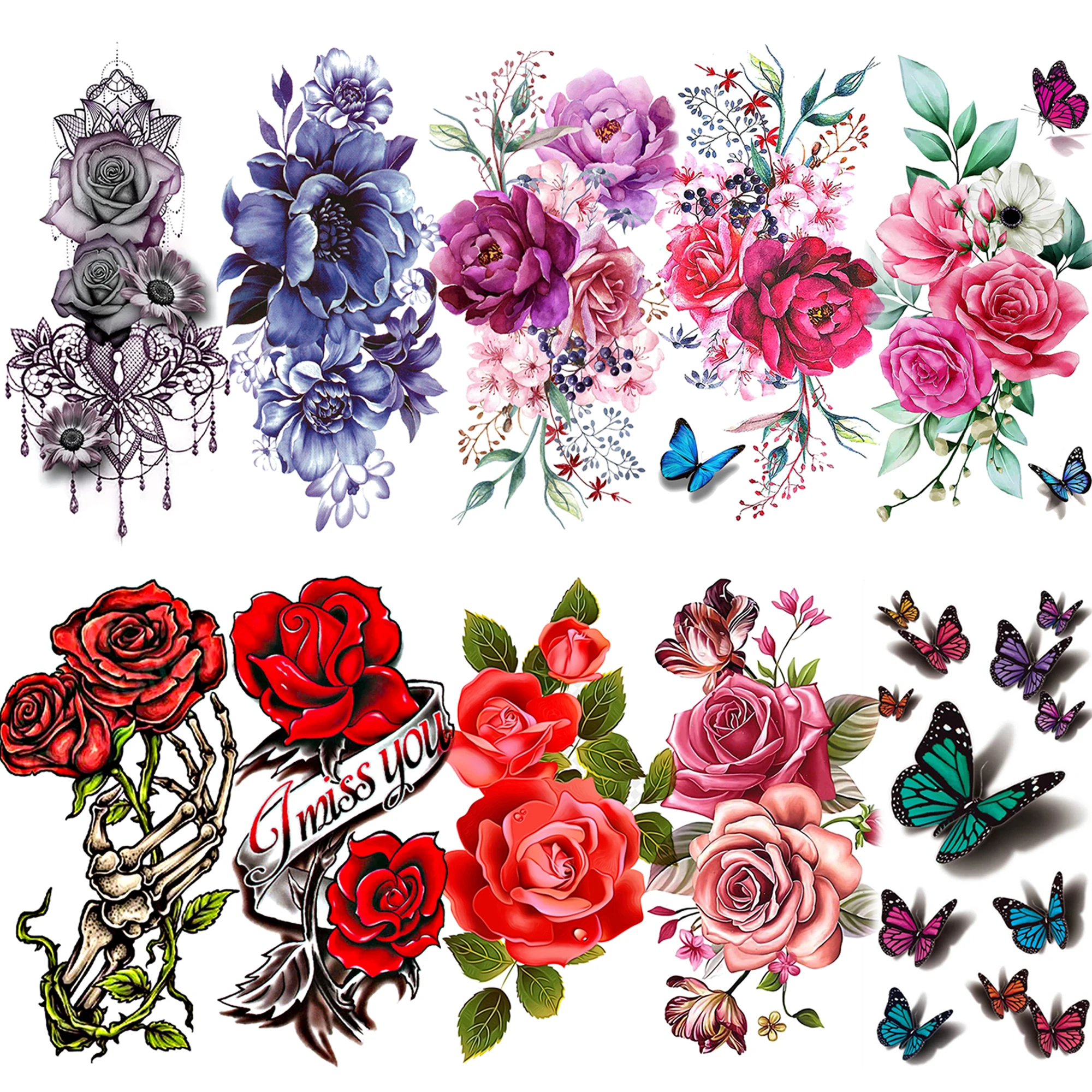 

1 лист, сексуальные цветочные акварельные временные татуировки для женщин, пион, роза, поддельные татуировки-бабочки, наклейки, боди-арт, рисунок