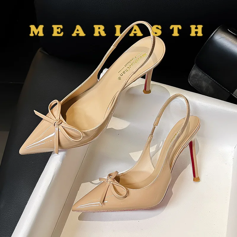 

New black nude wine red patent leather pointed toe small bow back empty style plus size Stilettos Strap high-heeled sandals