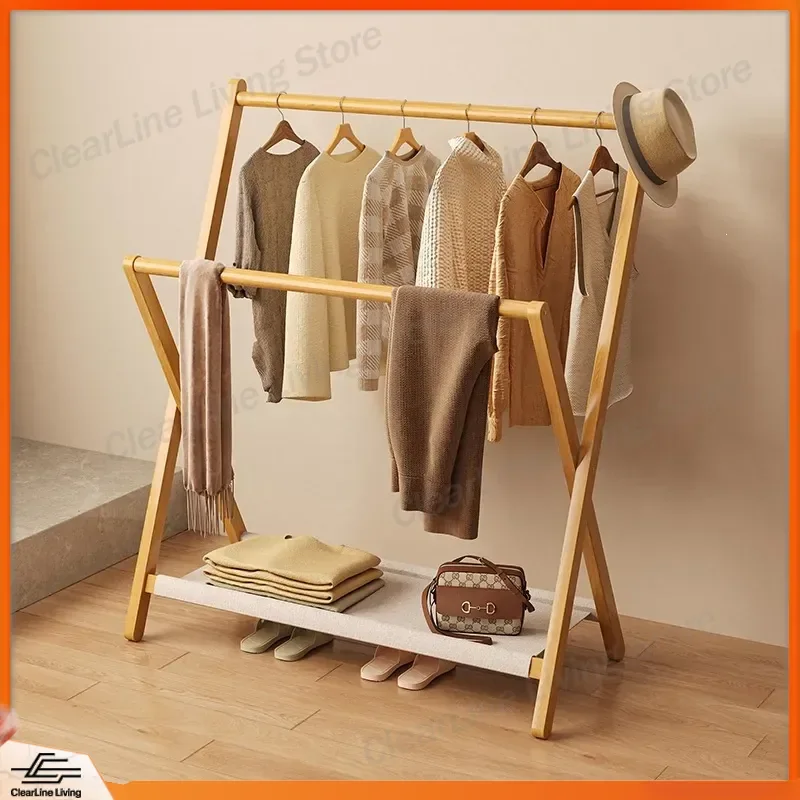 Simple Folding Coat Rack Bedroom Floor Solid Wood Drying Rack Clothes Hanger Household Storage Organizer for Garments