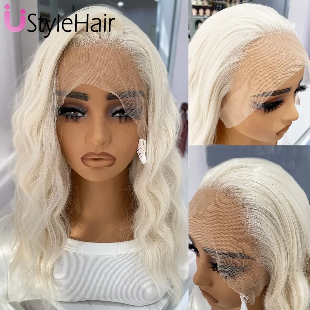 UStyleHair 60 Color Platinum Blonde Lace Front Wig Natural Hairline Daily Wear Cosplay Synthetic Wigs Shoulder Length Short Wig