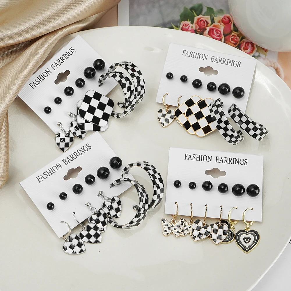 Women Black White Plaid Geometric Earring Set Trend Butterfly Love Heart Acrylic Dangle Earrings Fashion Jewelry