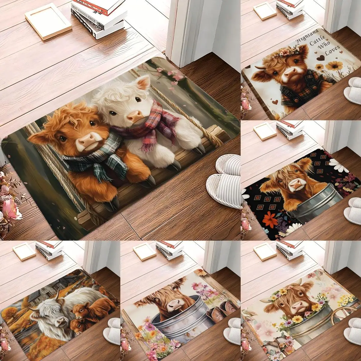 

Vintage Highland Cow Doormat Anti-slip Carpet for Kitchen Living Room Machine Floor Mat Washable Rug