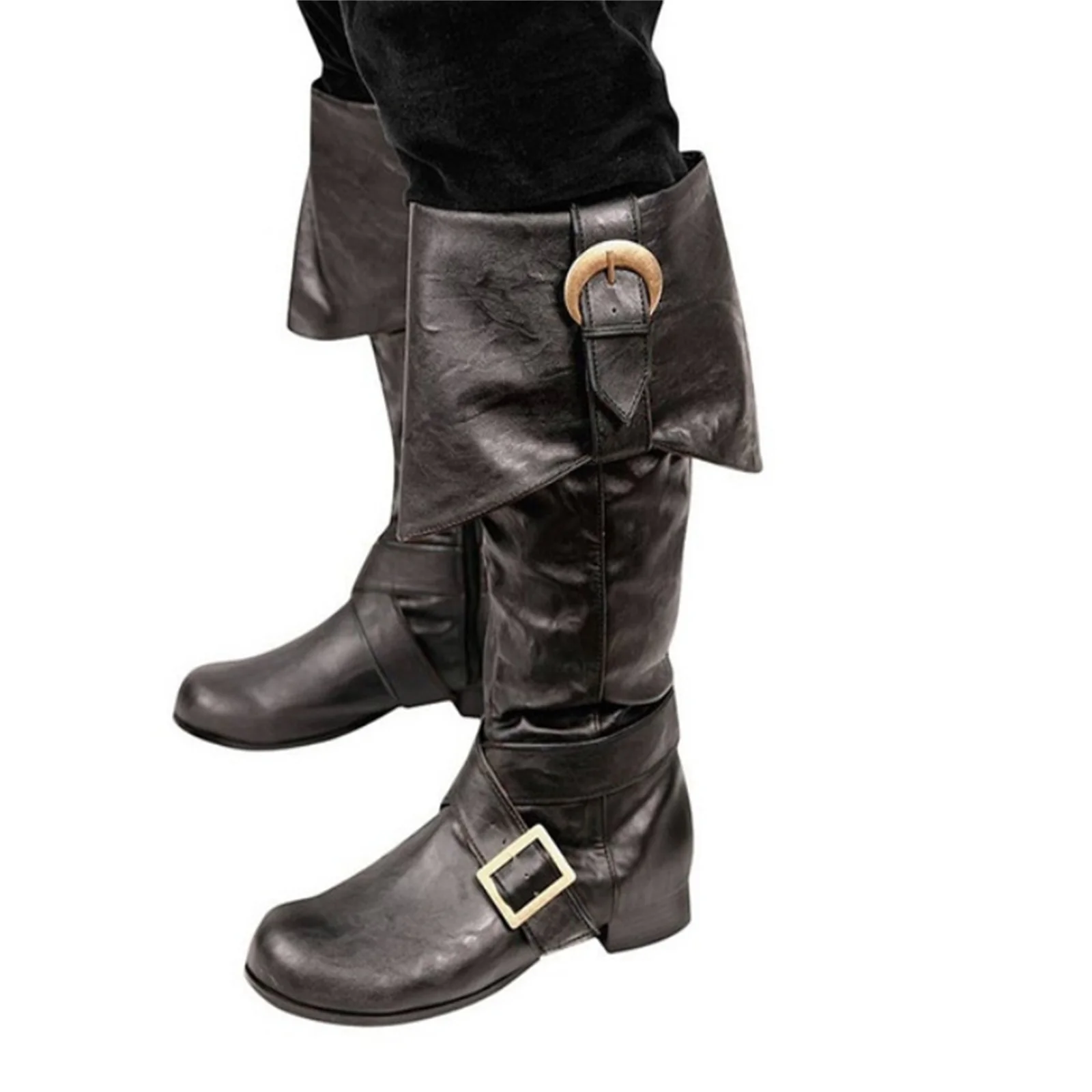 Medieval viking pirata soldado cosplay botas de cavaleiro halloween moda masculina fivela calçados femininos retro festa meados de bezerro bota