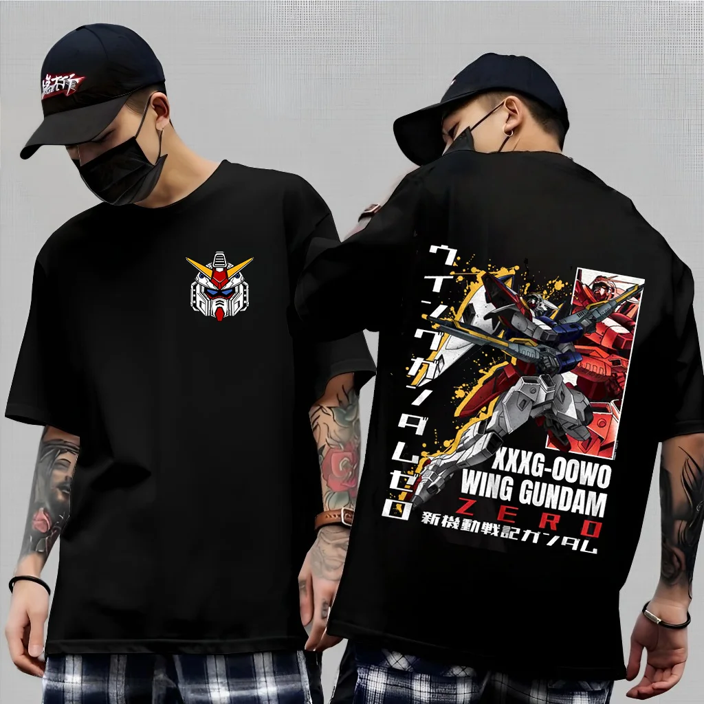 Gundam Japanisches Anime-Muster, bedrucktes T-Shirt aus reiner Baumwolle für Männer und Frauen, lässige Mode, übergroßes Sommer-Kurzarm-T-Shirt