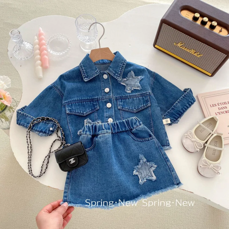 Girls Retro Clothes Sets 0-5 years old Baby Kids Princess Blue Denim Jacket Coat Skirt 2Pcs Costume Suit for Children's Clothing