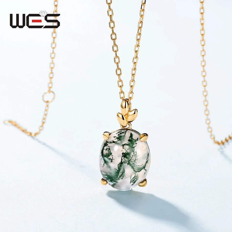 WES 925 فضة الطبيعية الطحلب العقيق قلادة قلادة للنساء ورقة تصميم الغابات المجوهرات هدايا عيد ميلاد بالجملة #4