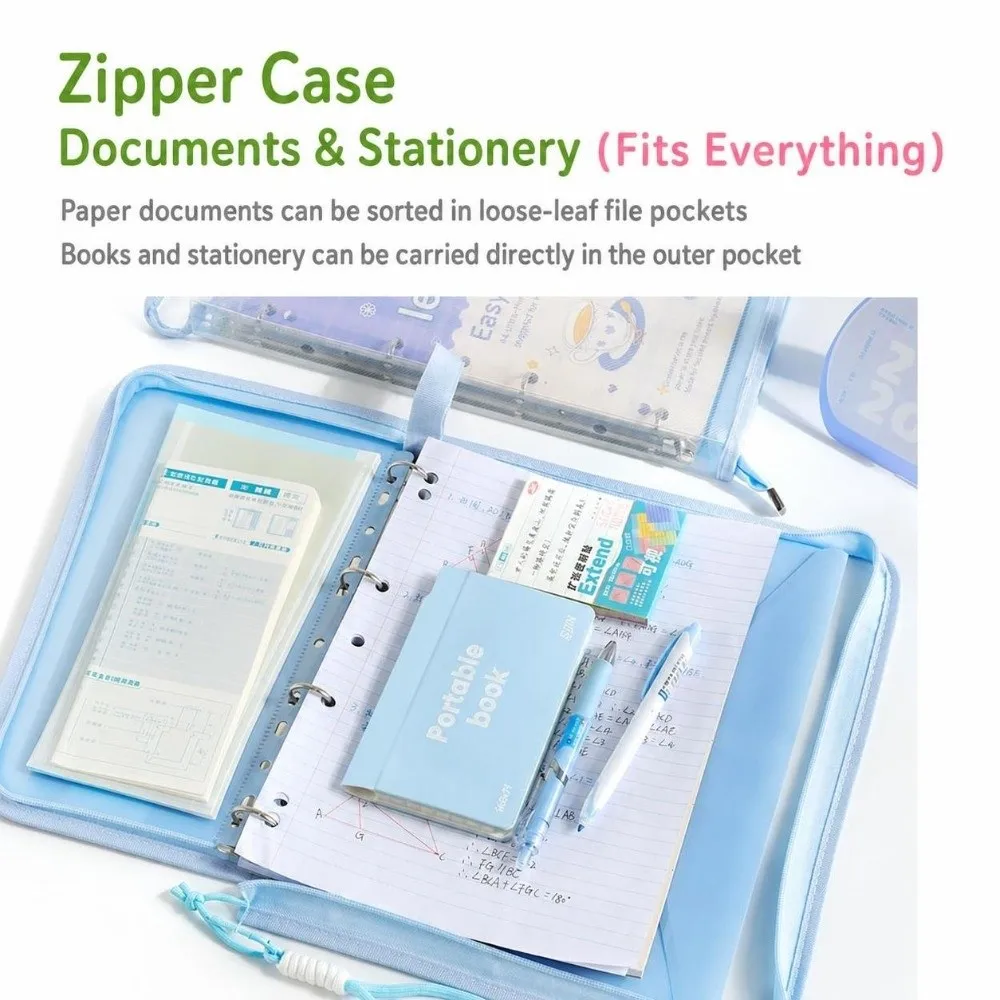 Portable 4-Hole Loose-leaf A4 Binder Folder, Transparent with Handle Document Pouch Zipper File Folder School Supplies