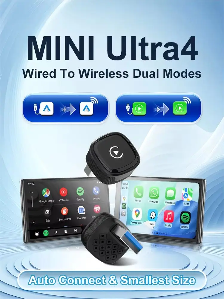 Mini Ultra 4 Wireless Android Auto Box CarPlay Adapter Kabelgebunden zu Kabellos Dual-Modus USB Plug-and-Play Car Play Dongle OTA-Update
